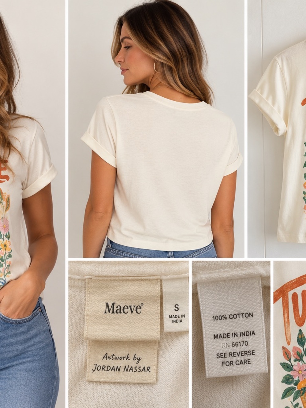 Anthropologie Maeve Cream Short-Sleeve Tee with Orange & Green Floral Graphic